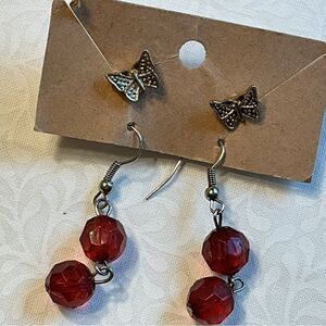 Double Red Beaded Earrings and Silvertone Butterfly Earrrings